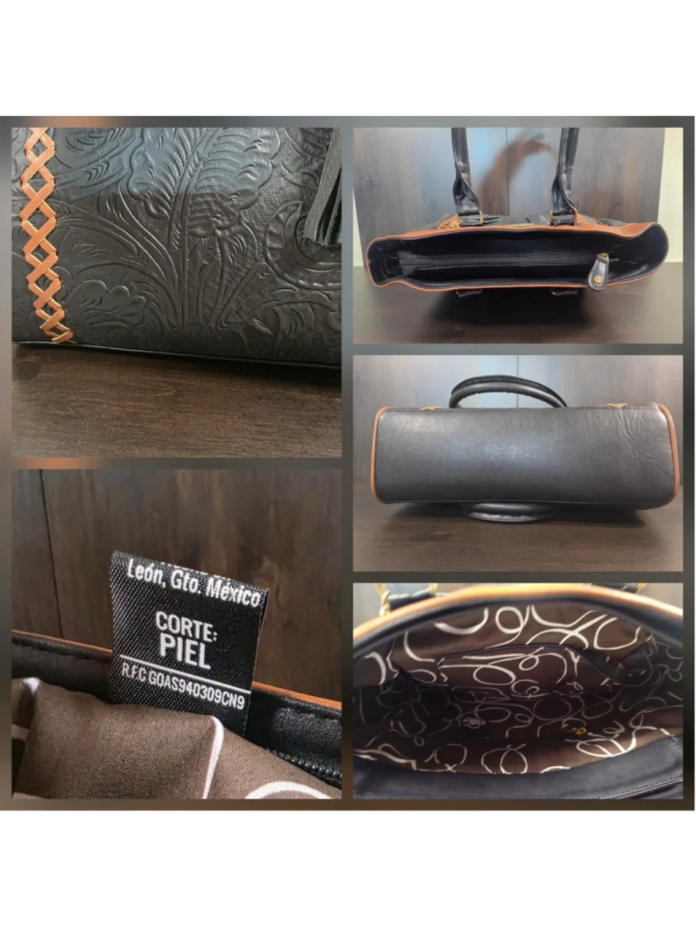 Black Brown Cross Stitch Embossed Tooled Artisan LEATHER Shoulder Bag Purse